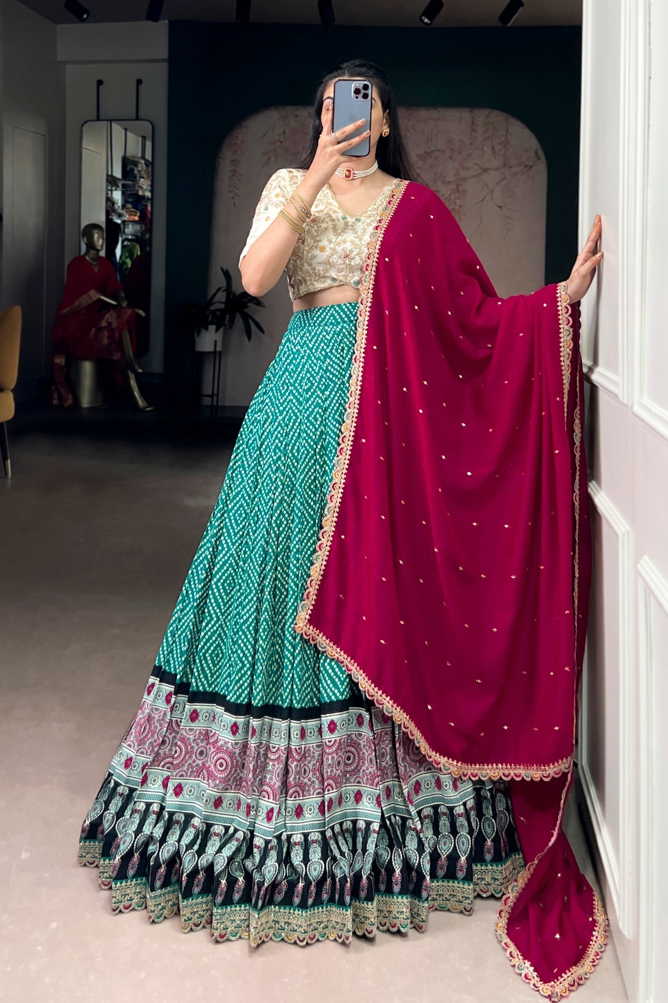 Bandhej Ajrakh Printed Lehenga Choli With Dupatta