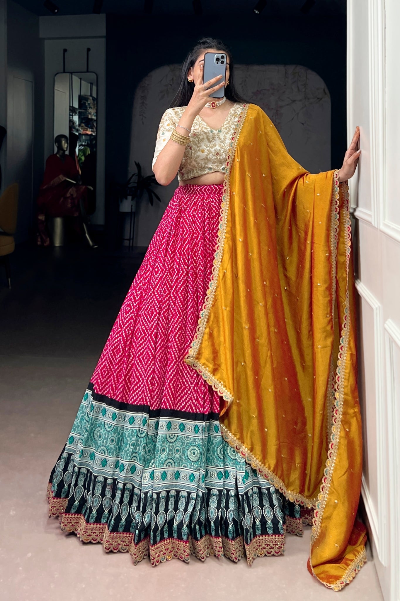Bandhej Ajrakh Printed Lehenga Choli With Dupatta