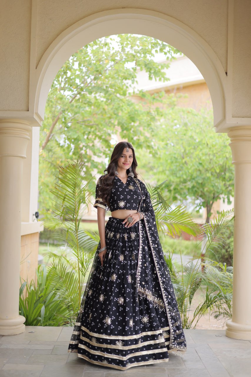Royal Faux Georgette Bandhej Print Gota Patti Navratri Lehenga Choli
