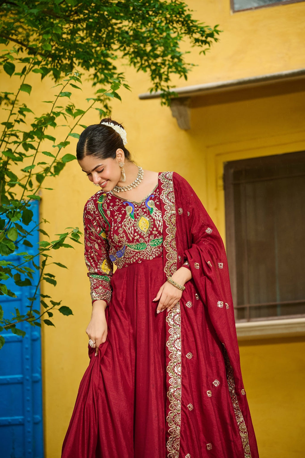 Beautiful Multi Tread Designer Special Wedding And Festive Gown With Dupatta Set