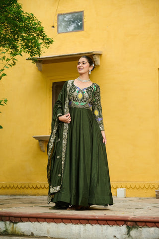 Beautiful Multi Tread Designer Special Wedding And Festive Gown With Dupatta Set