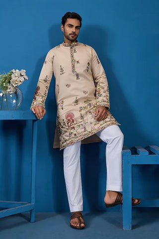 Perfect Festive Choice Beige Ethnic Kurta for Mens Wear