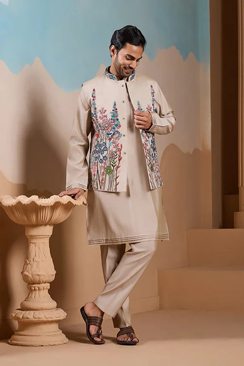 Elegant Fashionable Beige Koti Kurta Set for Mens Wear
