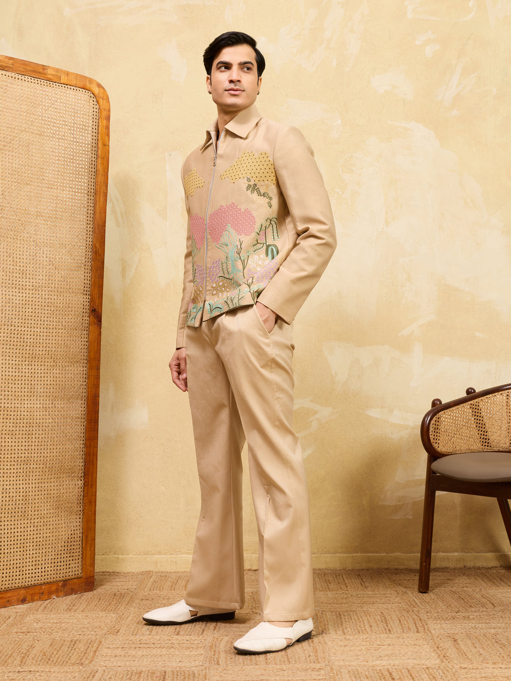 Beige Bomber Jacket with Embroidered Thread Work and Pant Set for Men