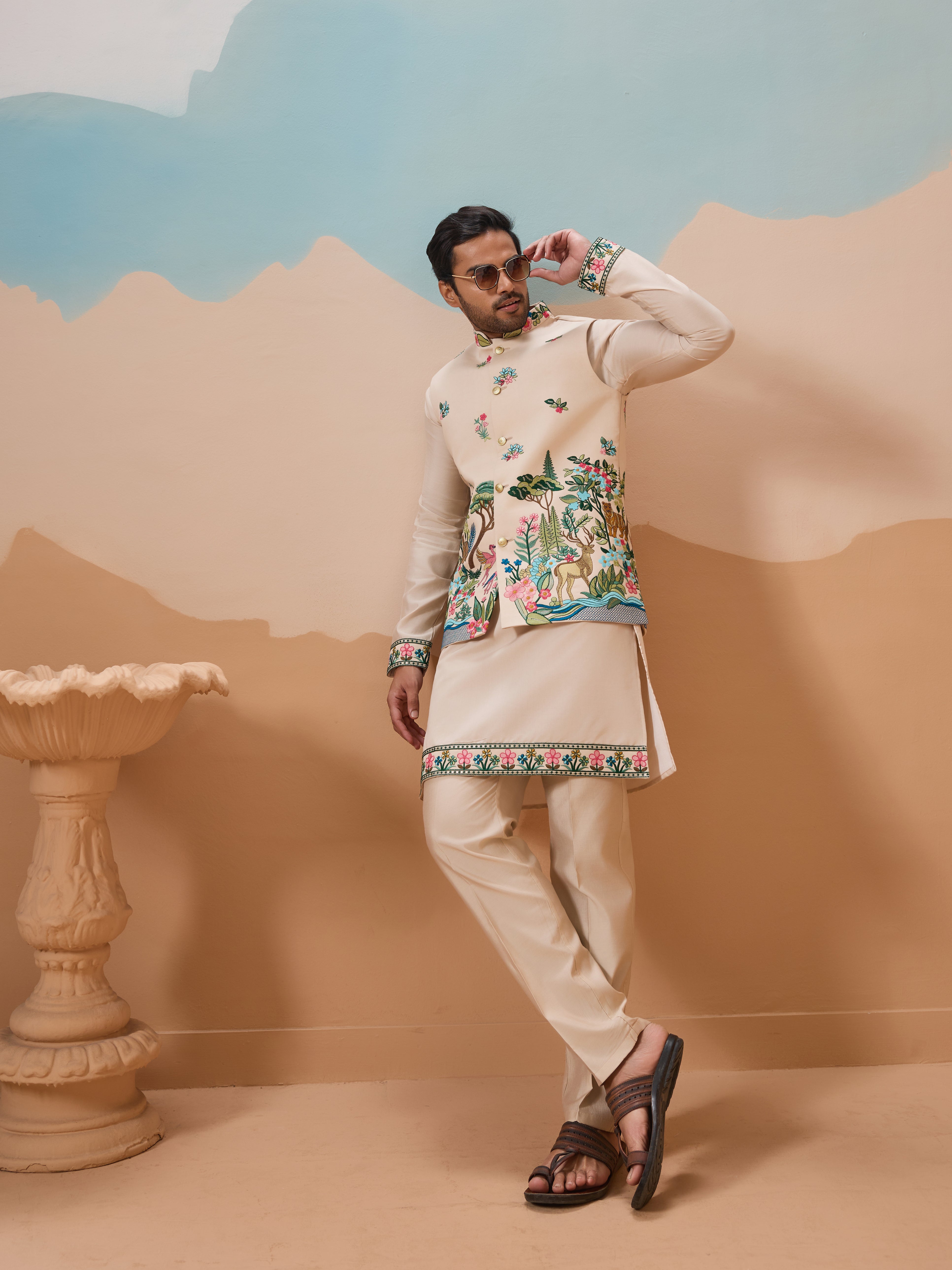 Latest Beige Color Koti Kurta Set for Mens Wear Collection