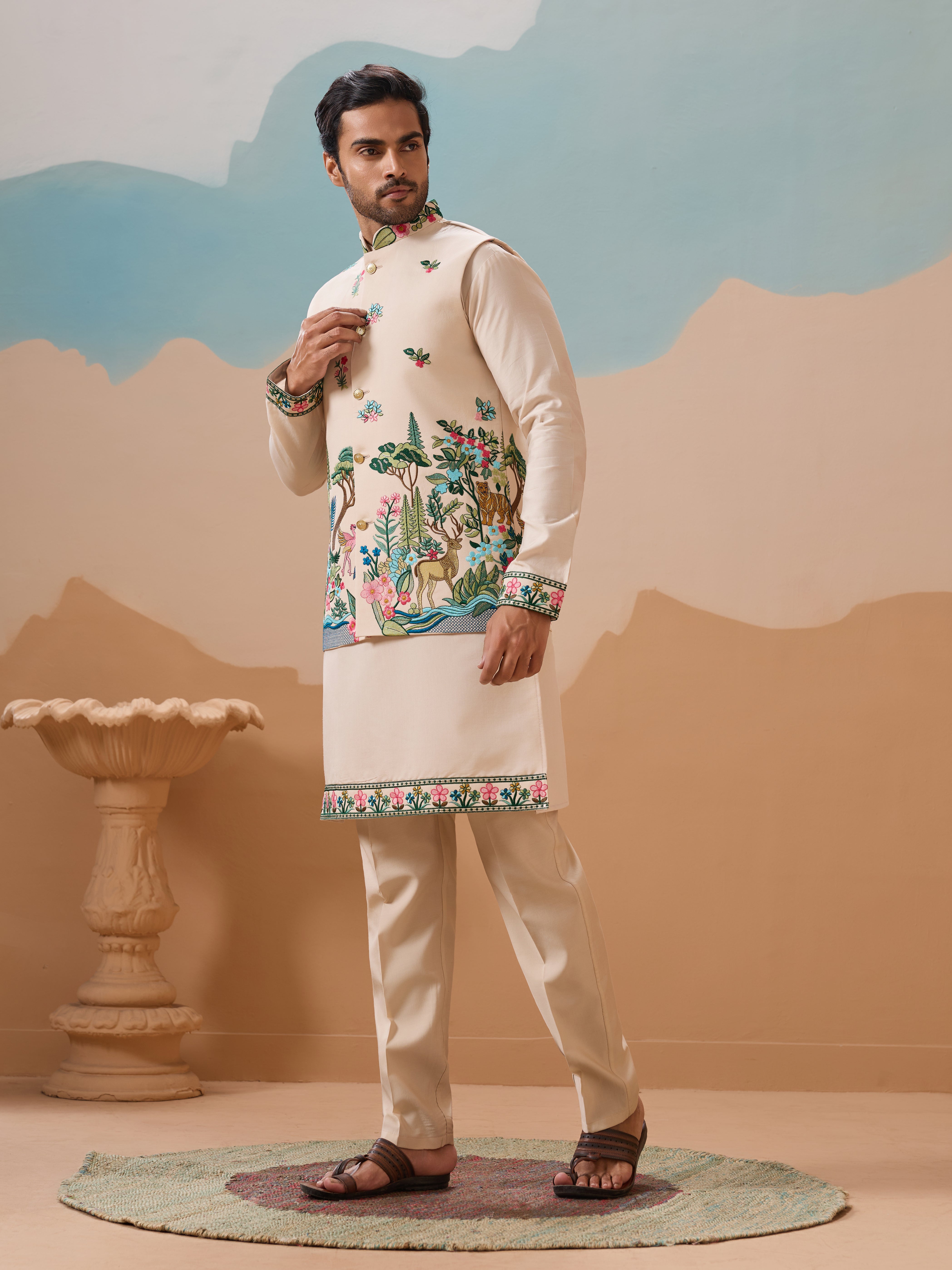Latest Beige Color Koti Kurta Set for Mens Wear Collection