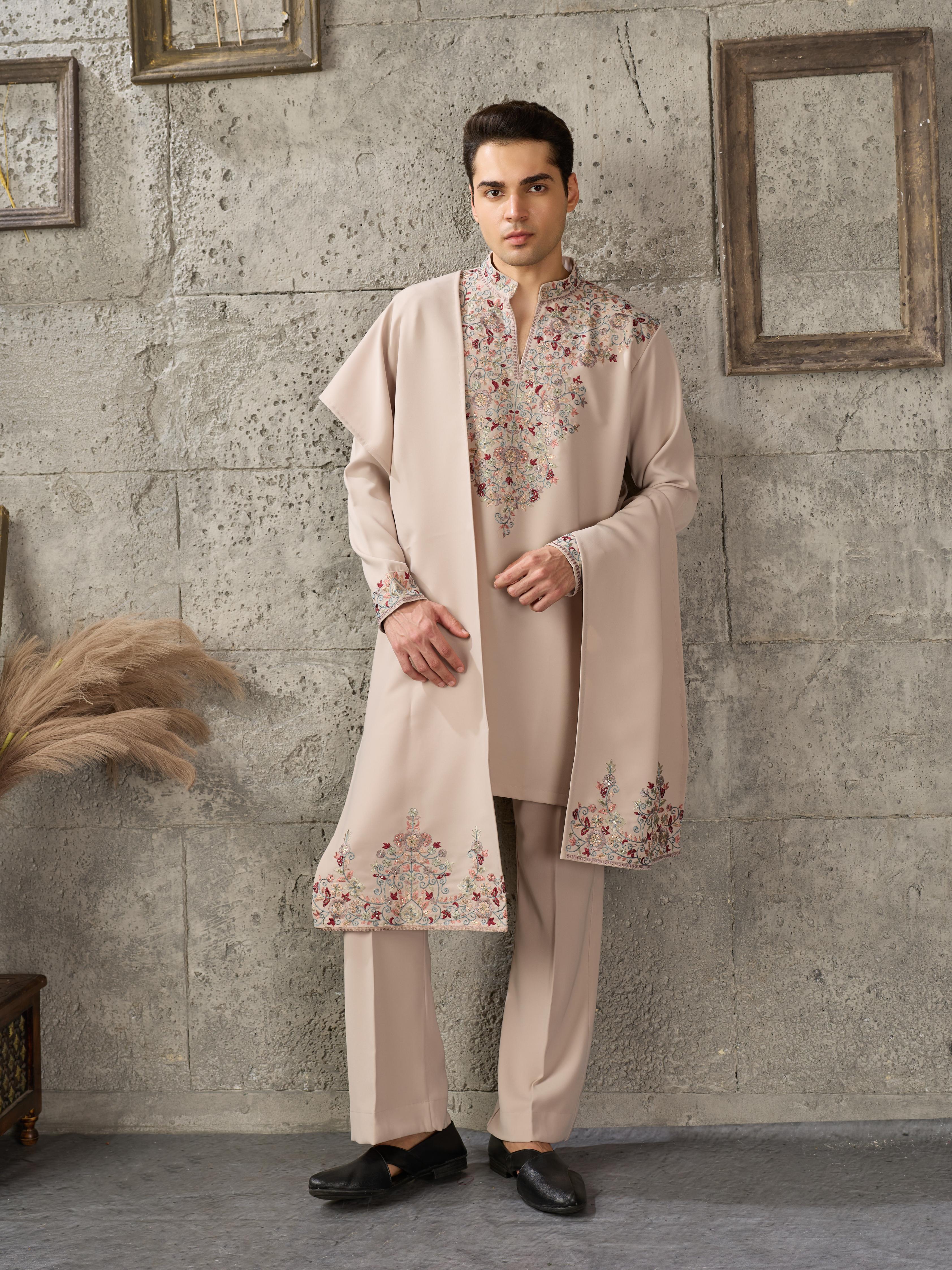 Trendy Beige Japanese Lachka Thread Sequin Kurta Dupatta Set for Men
