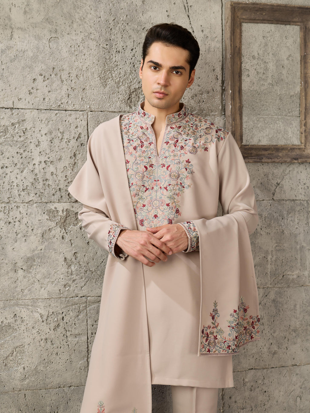 Trendy Beige Japanese Lachka Thread Sequin Kurta Dupatta Set for Men
