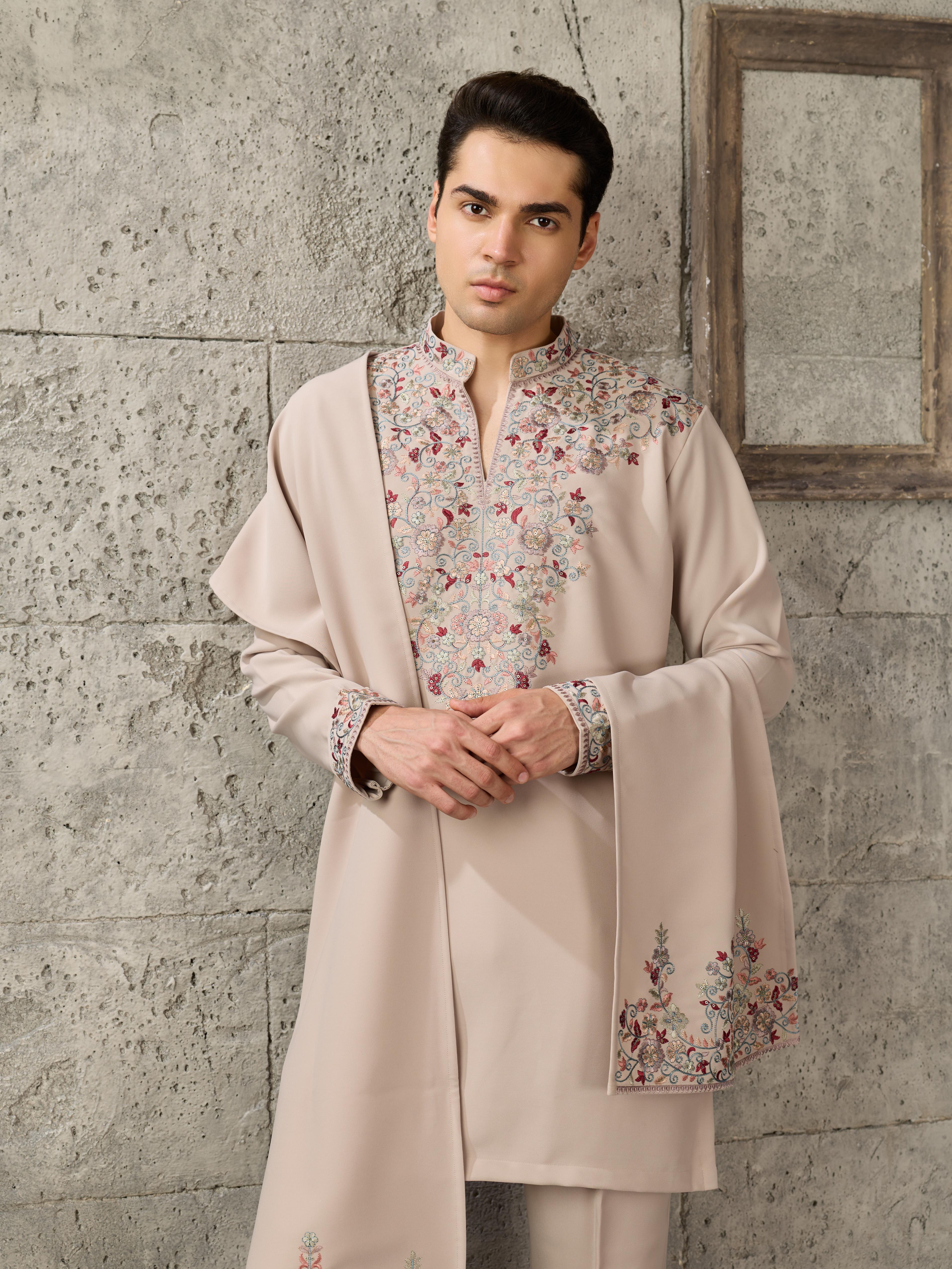 Trendy Beige Japanese Lachka Thread Sequin Kurta Dupatta Set for Men
