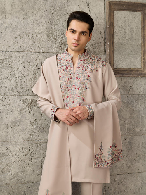 Trendy Beige Japanese Lachka Thread Sequin Kurta Dupatta Set for Men
