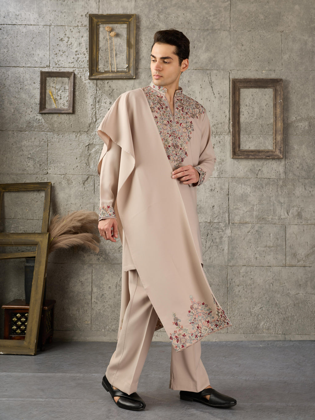 Trendy Beige Japanese Lachka Thread Sequin Kurta Dupatta Set for Men
