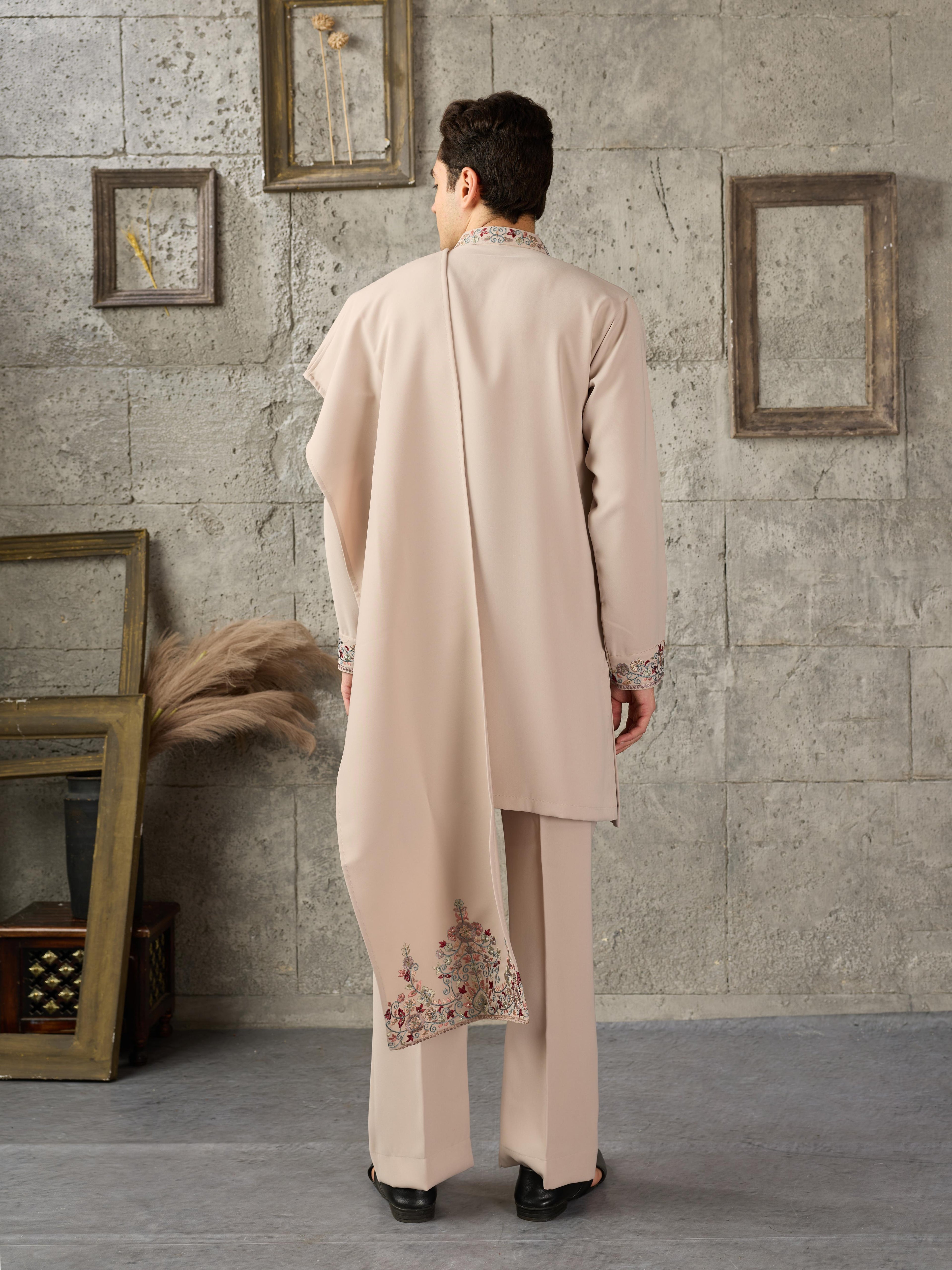 Trendy Beige Japanese Lachka Thread Sequin Kurta Dupatta Set for Men
