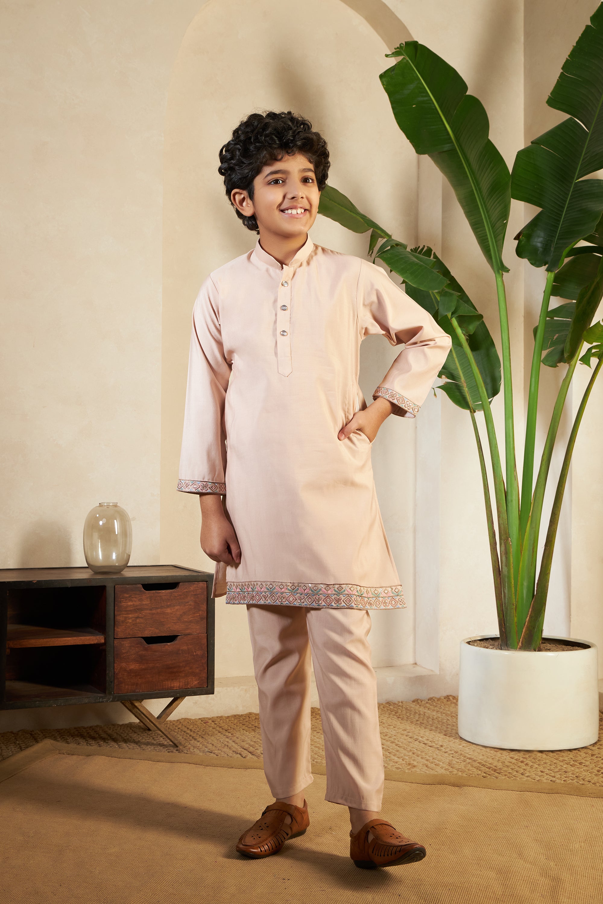 Beige Traditional embroidered Koti Kurta for boys
