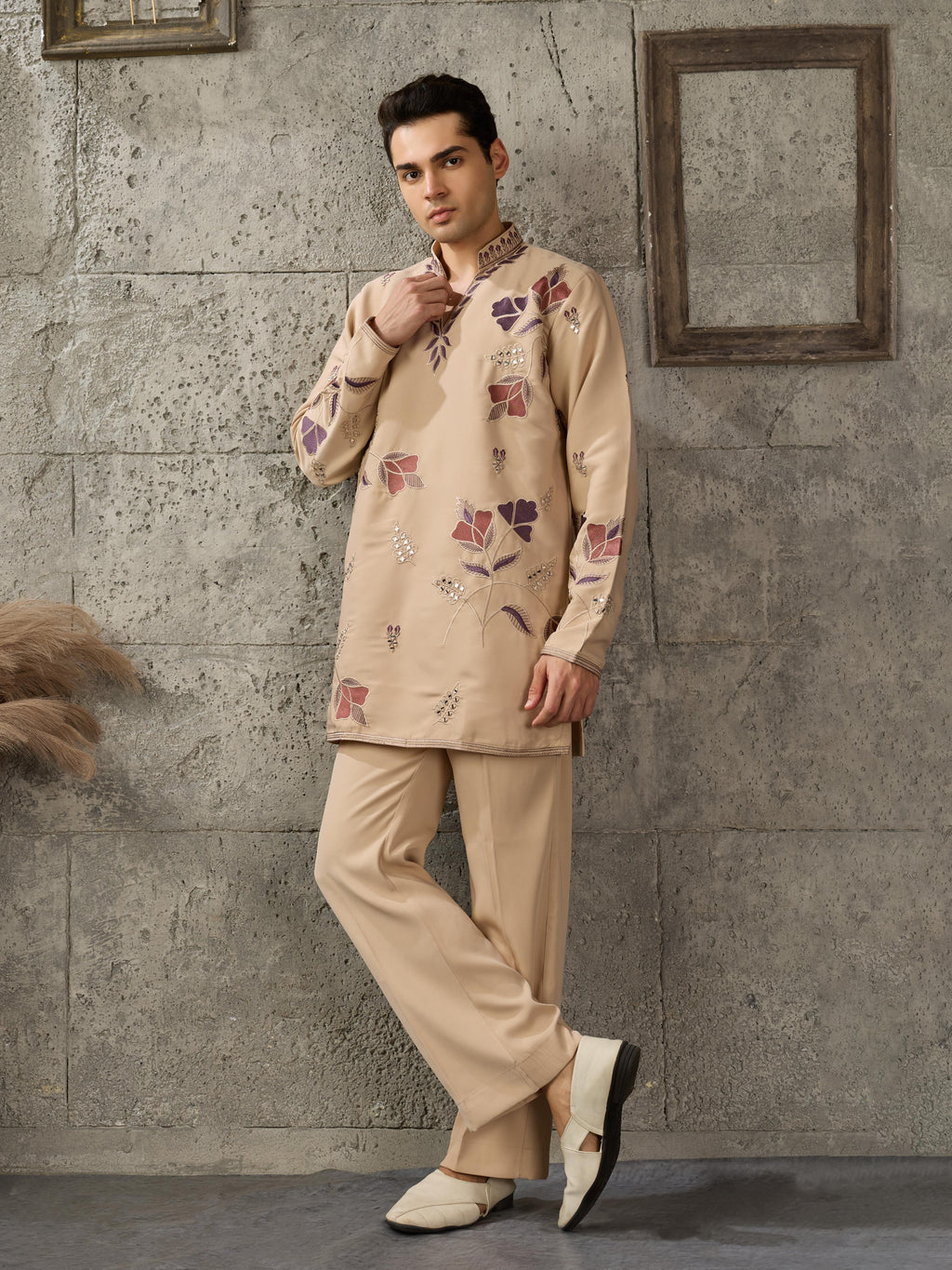 Beige Japanese Lachka Embroidered Kurta Set For Ethnic Wear
