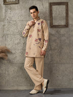 Beige Japanese Lachka Embroidered Kurta Set For Ethnic Wear
