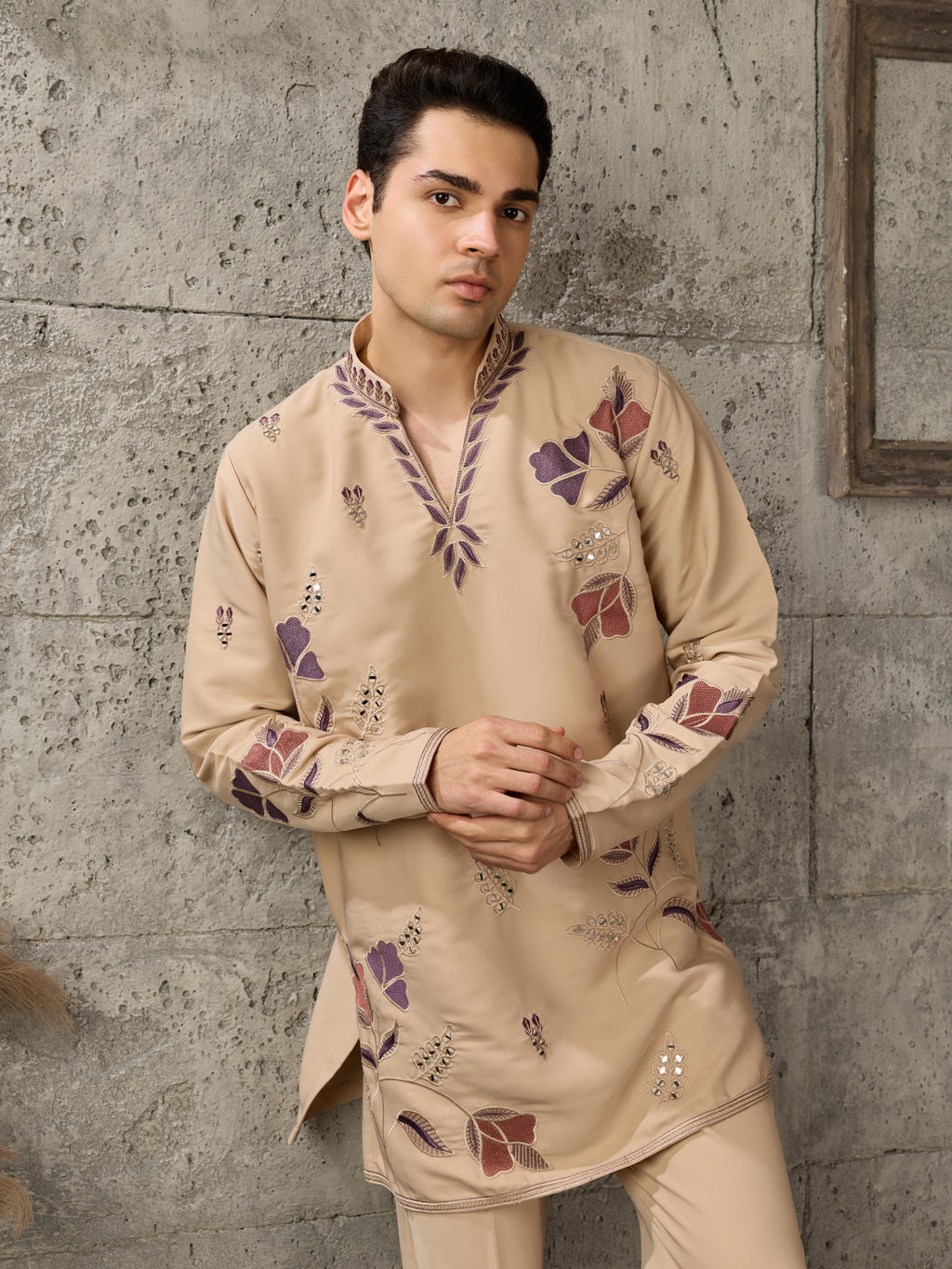 Beige Japanese Lachka Embroidered Kurta Set For Ethnic Wear
