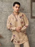 Beige Japanese Lachka Embroidered Kurta Set For Ethnic Wear
