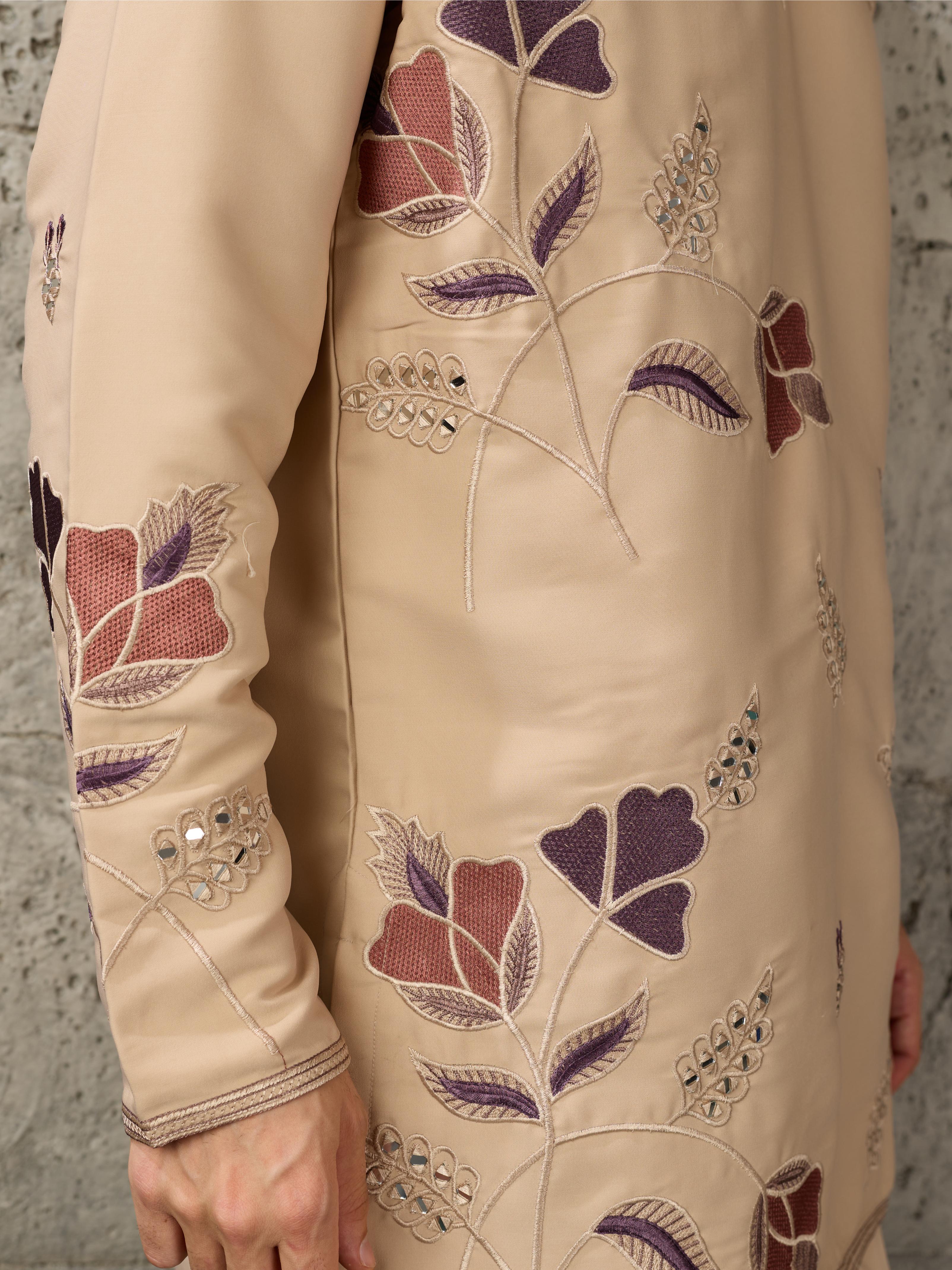 Beige Japanese Lachka Embroidered Kurta Set For Ethnic Wear
