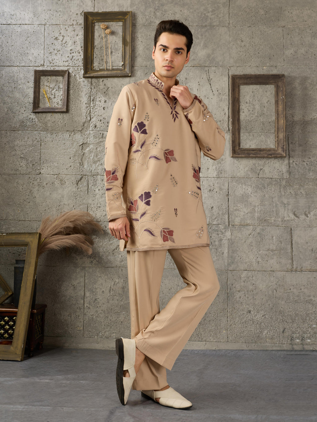 Beige Japanese Lachka Embroidered Kurta Set For Ethnic Wear
