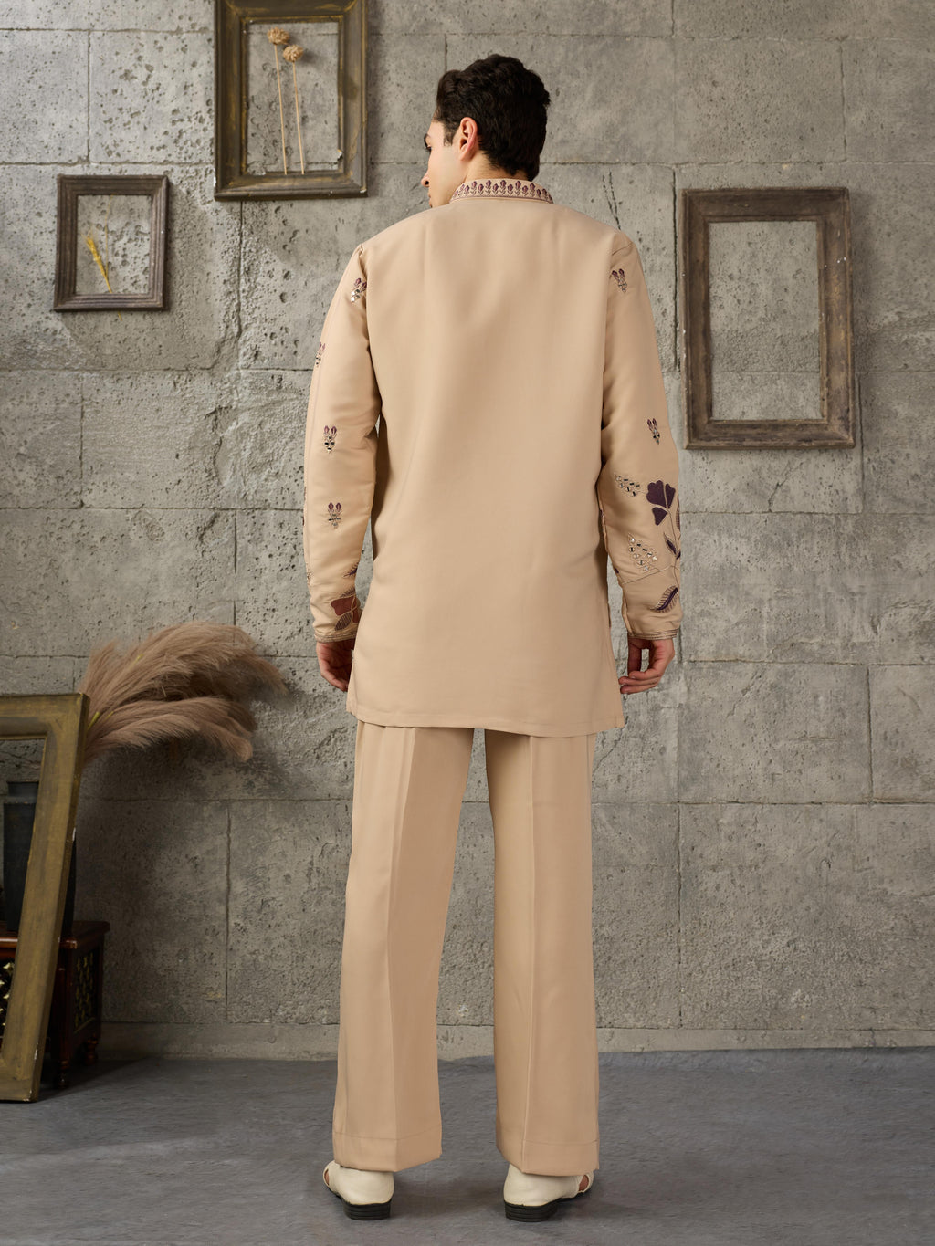 Beige Japanese Lachka Embroidered Kurta Set For Ethnic Wear
