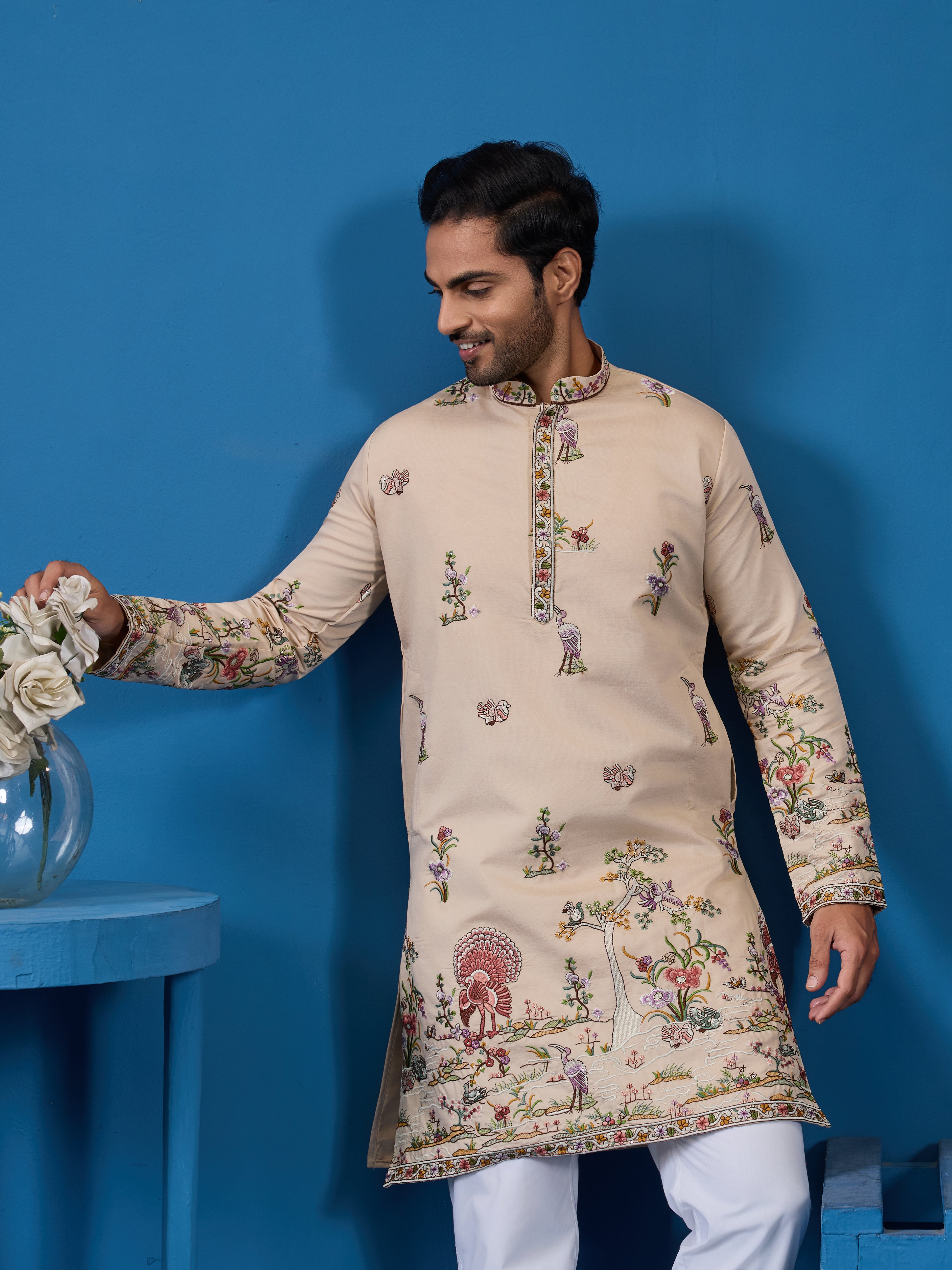 Perfect Festive Choice Beige Ethnic Kurta for Mens Wear