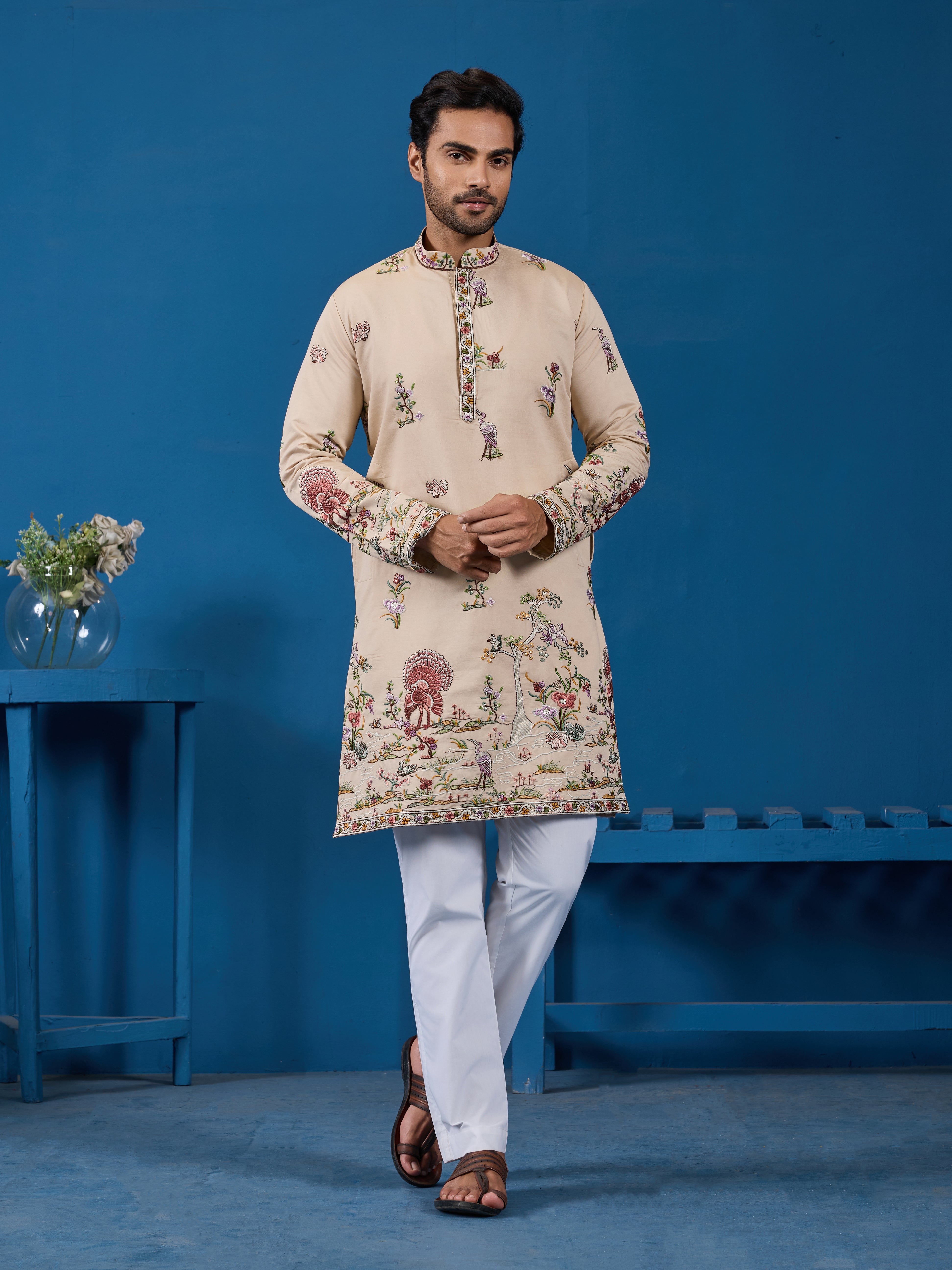 Perfect Festive Choice Beige Ethnic Kurta for Mens Wear
