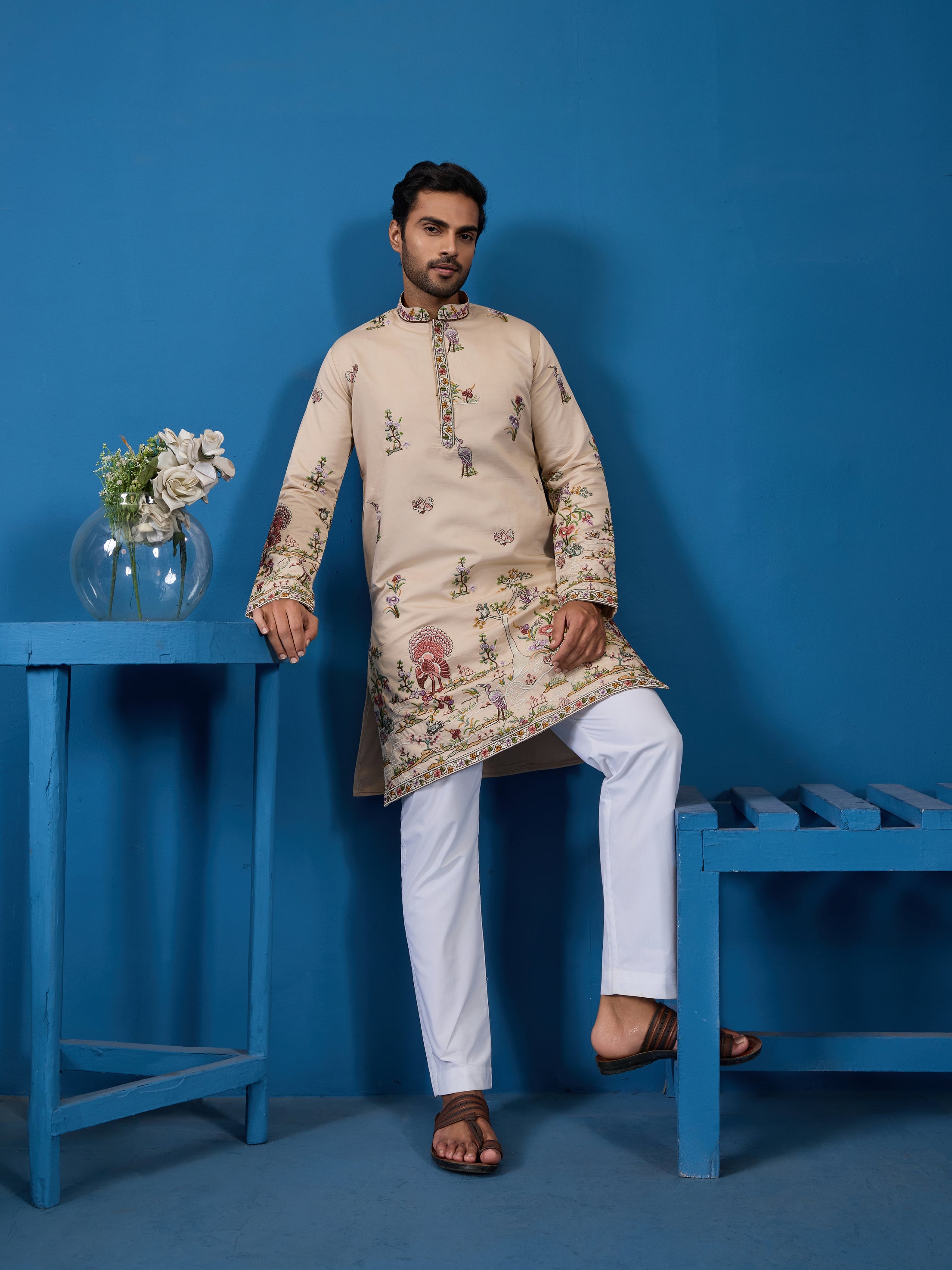 Perfect Festive Choice Beige Ethnic Kurta for Mens Wear
