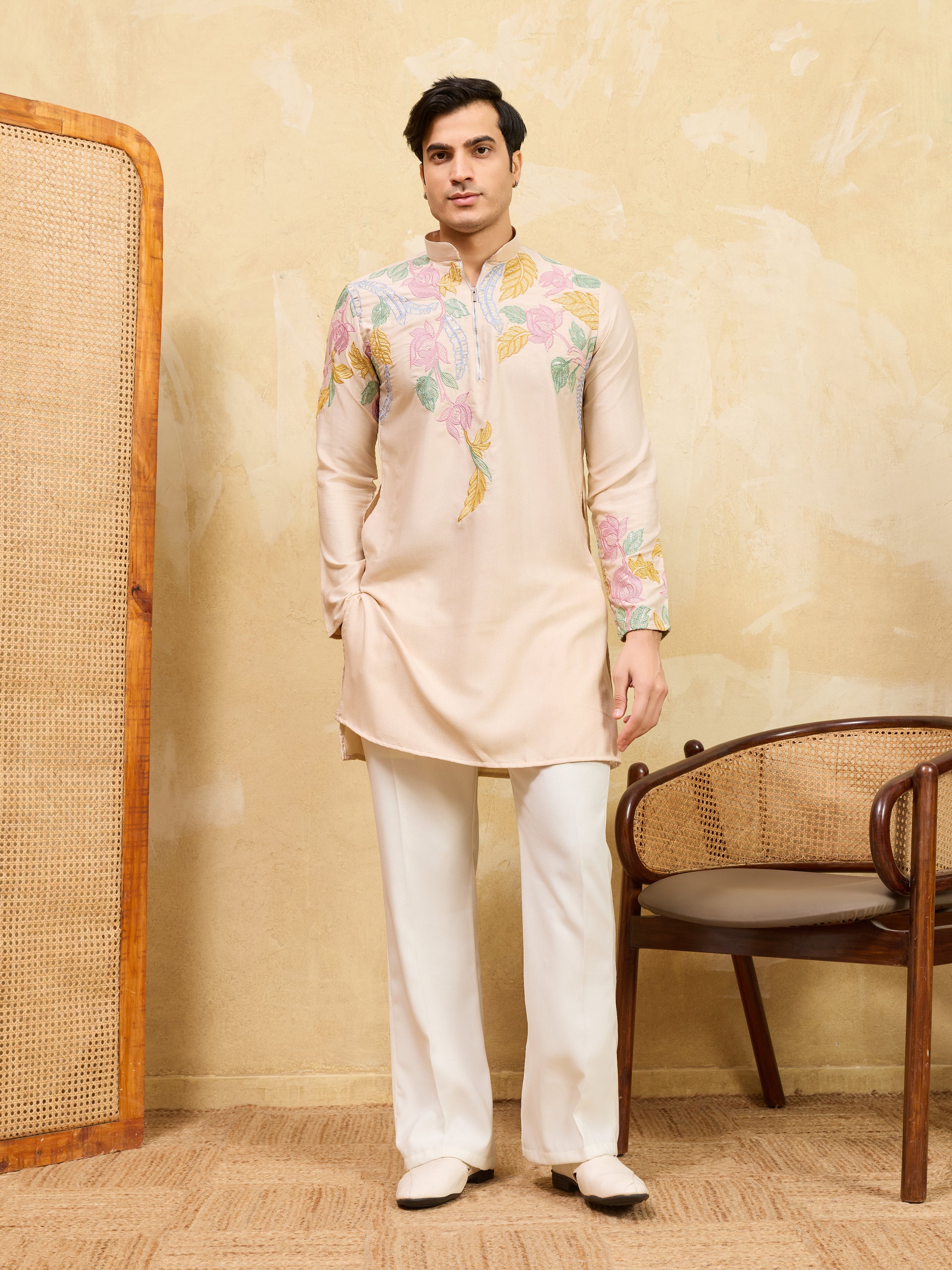 Classic Beige Floral Embroidered Kurta Set For Festive Occasions
