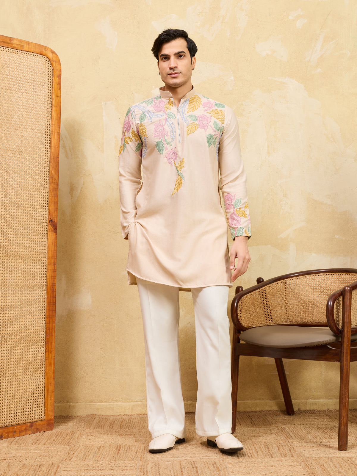 Classic Beige Floral Embroidered Kurta Set For Festive Occasions
