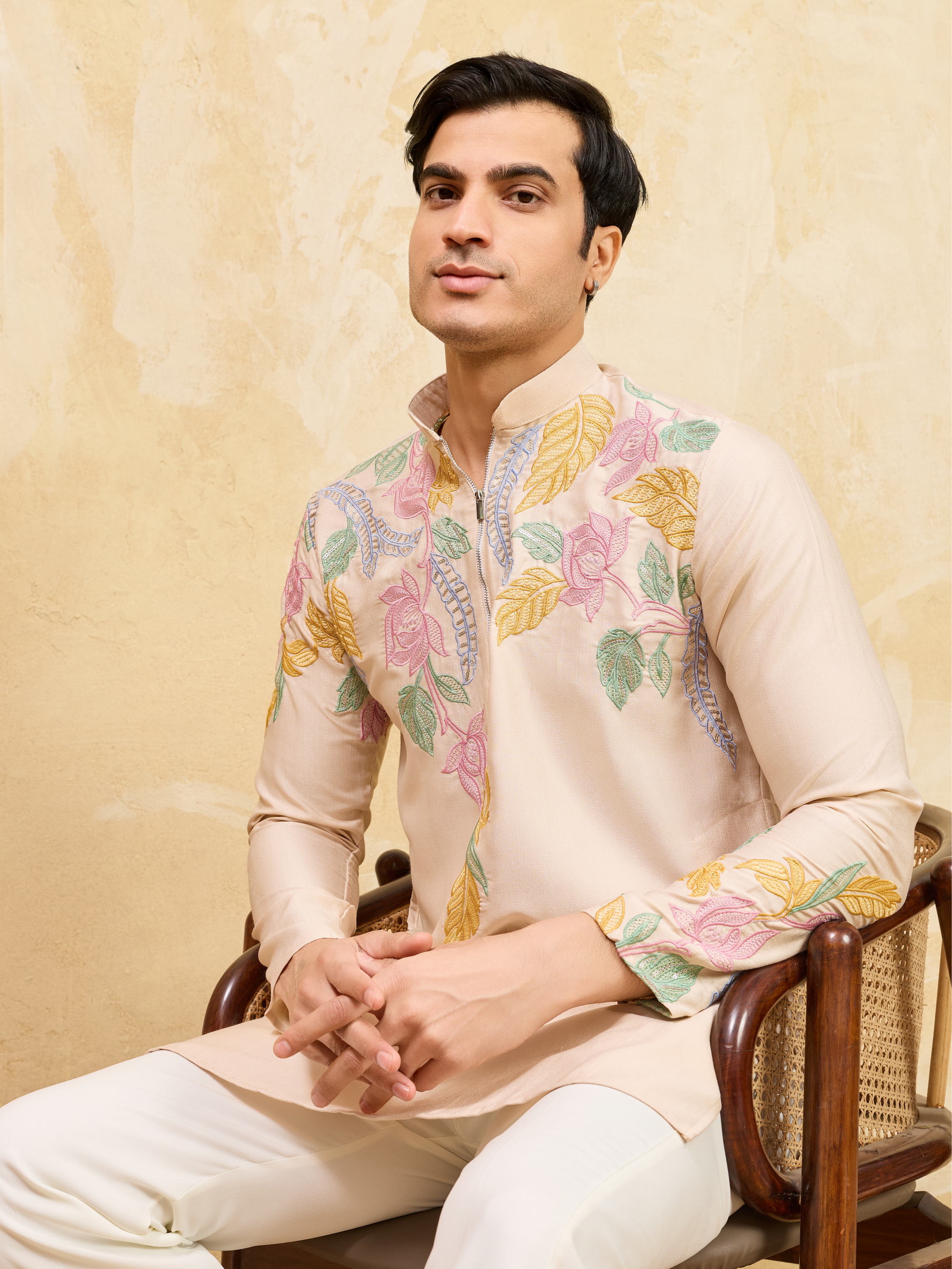 Classic Beige Floral Embroidered Kurta Set For Festive Occasions
