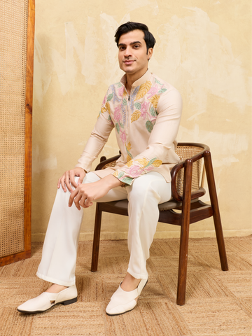Classic Beige Floral Embroidered Kurta Set For Festive Occasions
