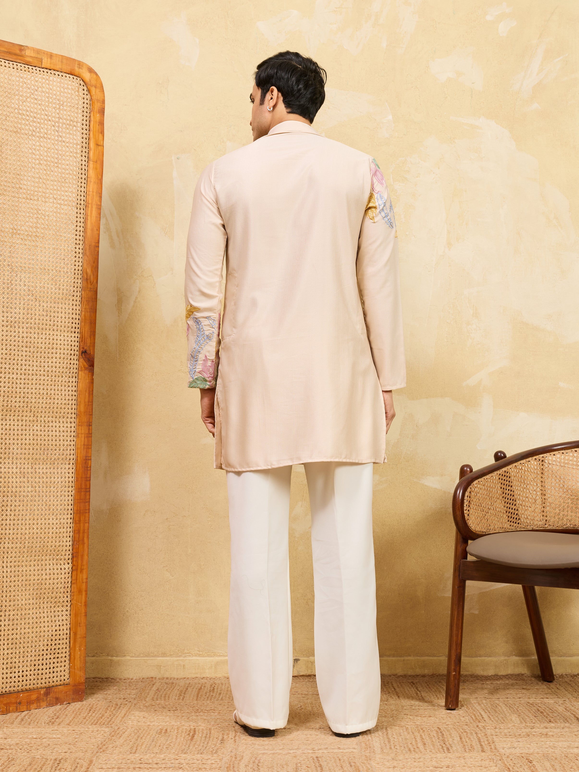 Classic Beige Floral Embroidered Kurta Set For Festive Occasions
