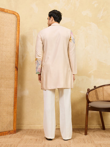 Classic Beige Floral Embroidered Kurta Set For Festive Occasions
