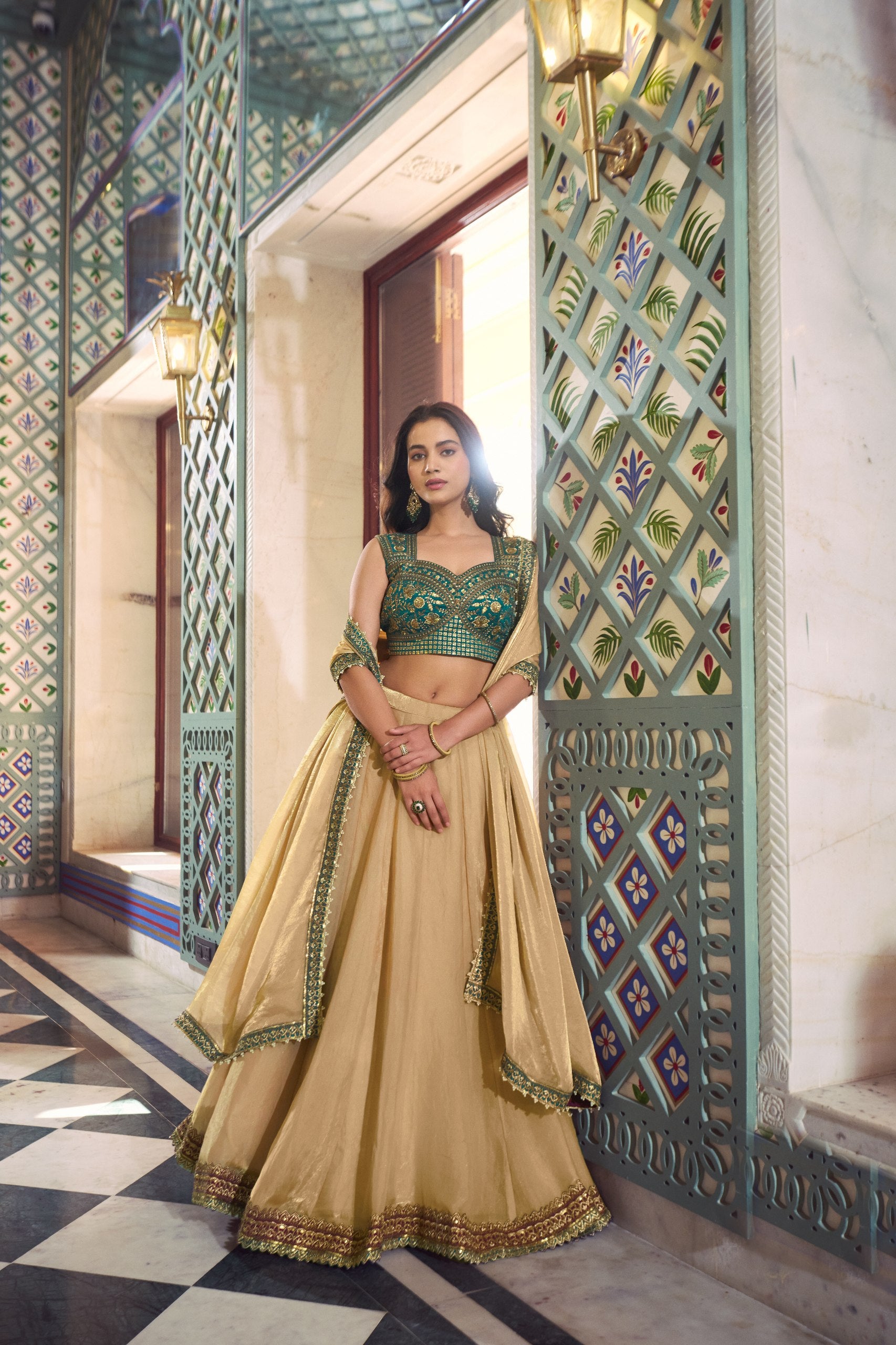 Party Wear Beige Fendi Heavy Flair Lehenga Choli Set for Women
