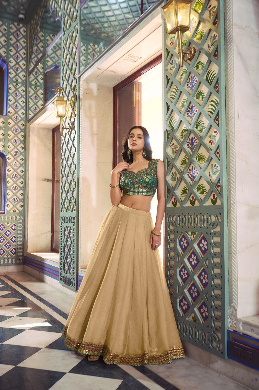 Party Wear Beige Fendi Heavy Flair Lehenga Choli Set for Women

