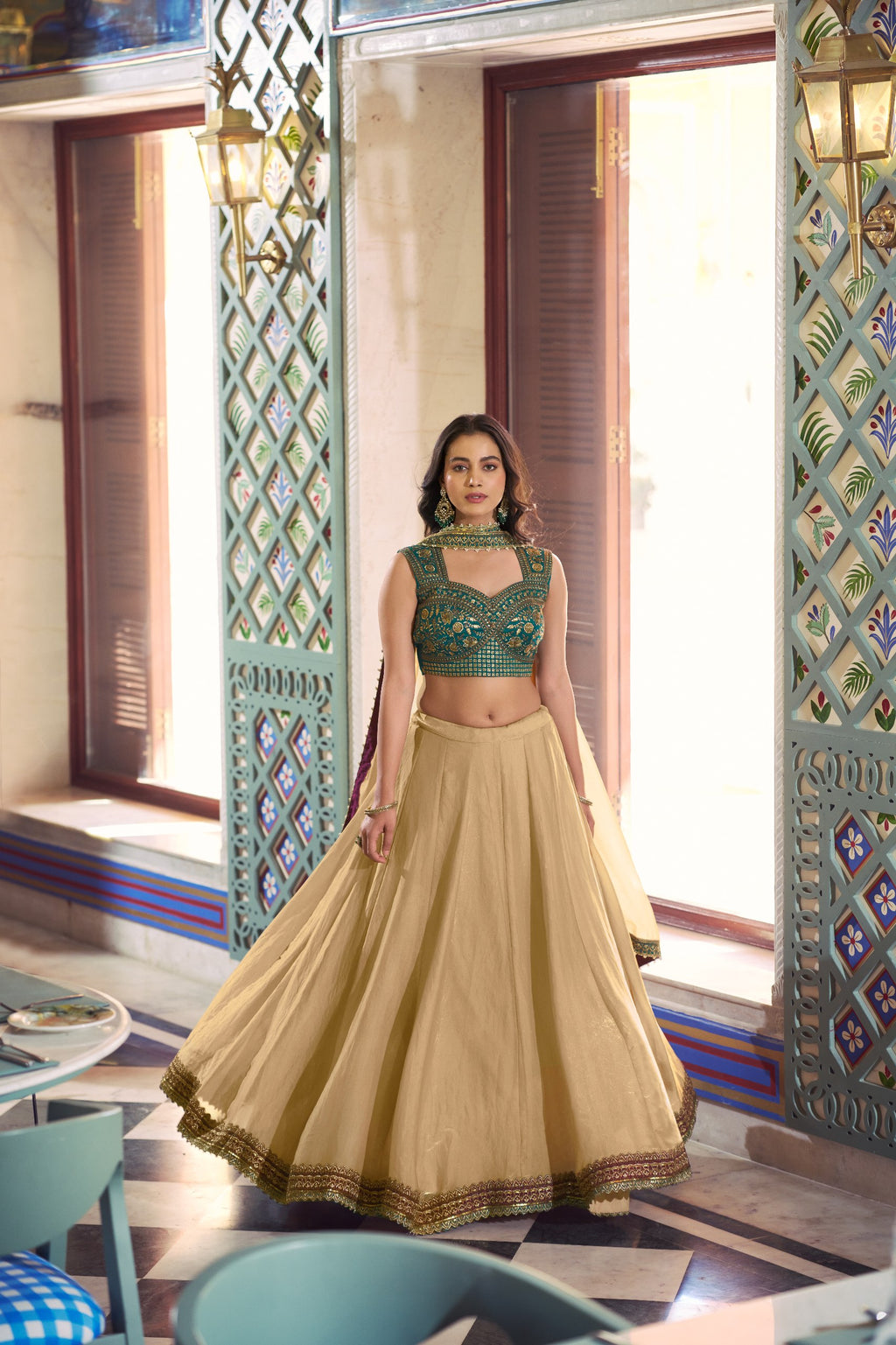Party Wear Beige Fendi Heavy Flair Lehenga Choli Set for Women
