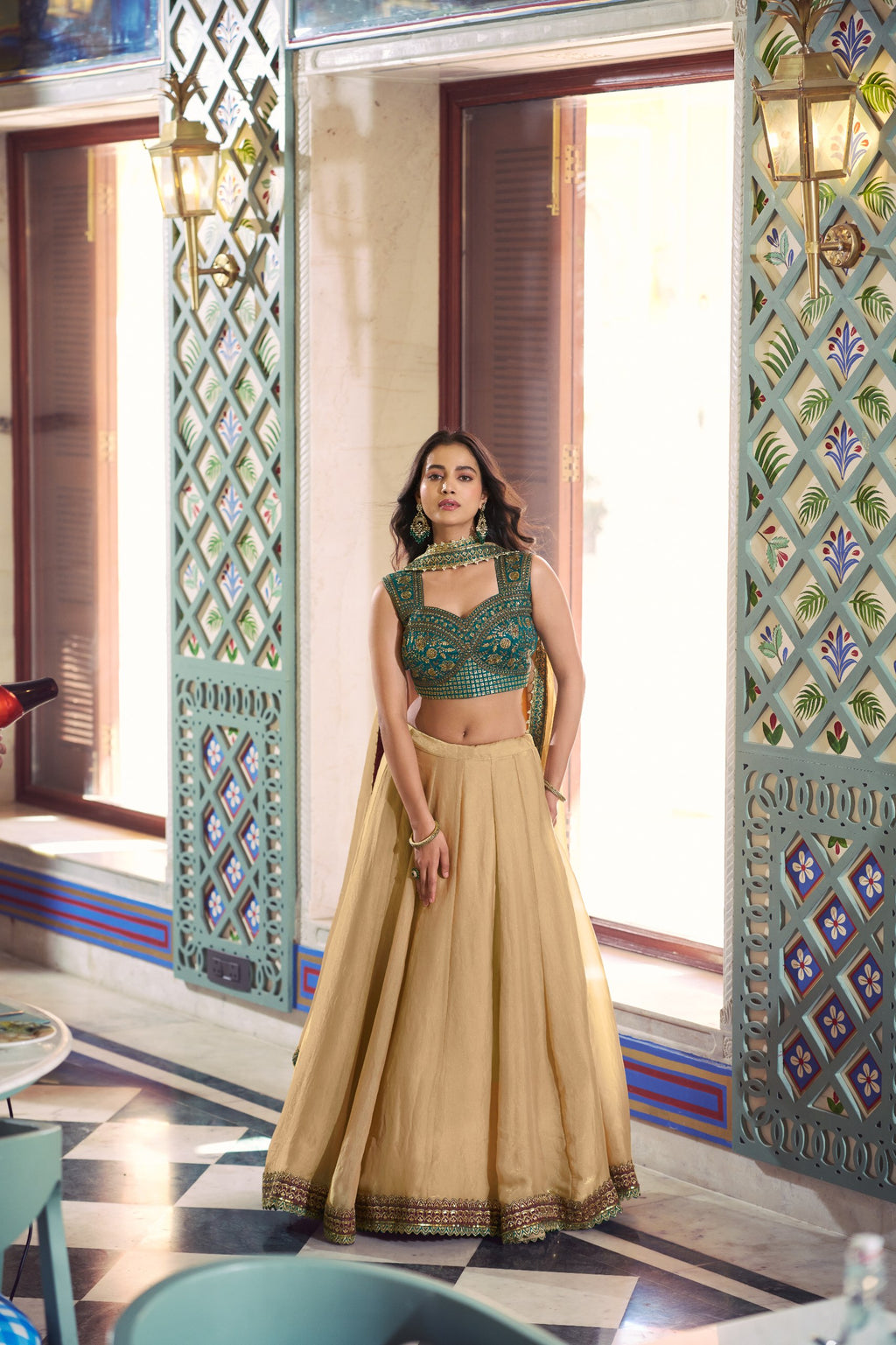 Party Wear Beige Fendi Heavy Flair Lehenga Choli Set for Women
