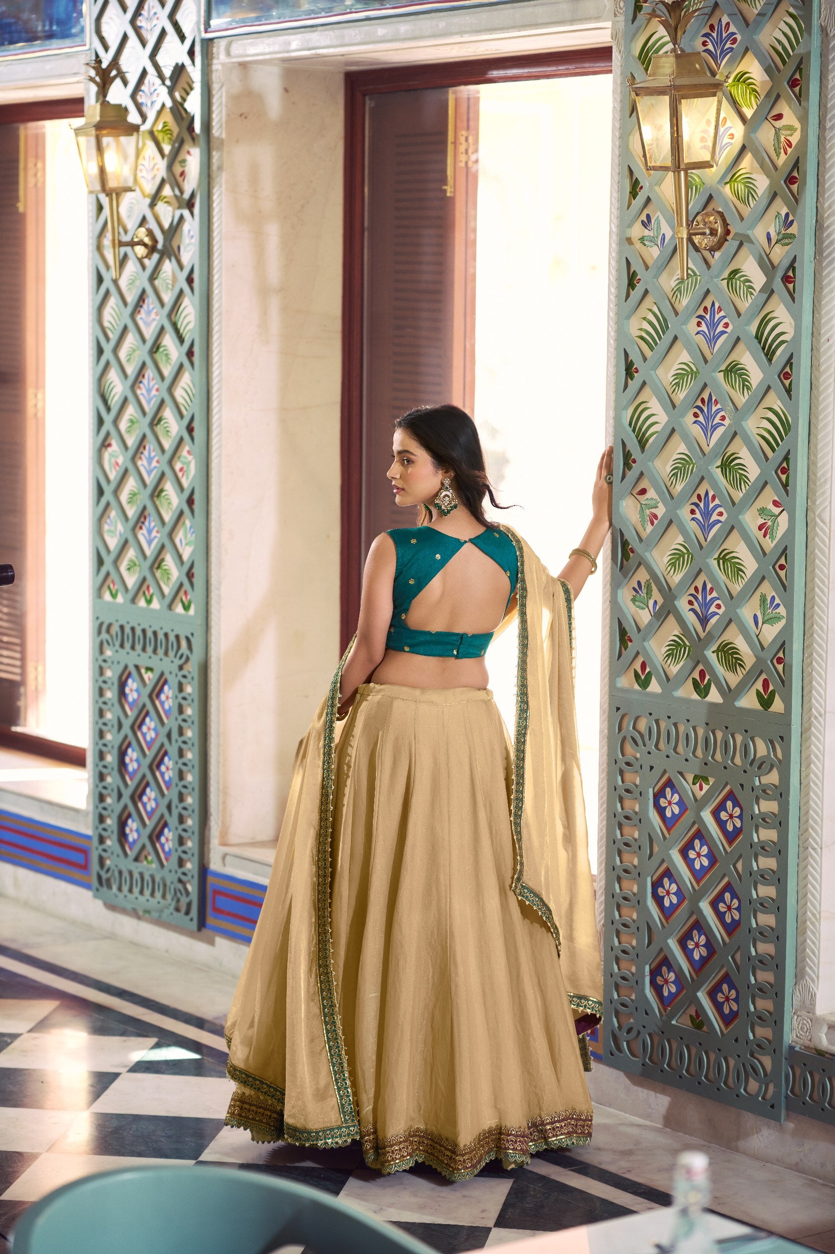 Party Wear Beige Fendi Heavy Flair Lehenga Choli Set for Women
