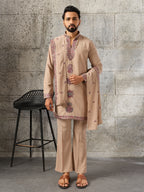 Royal Beige Japanese Lachka Festive Kurta Dupatta Set For Men
