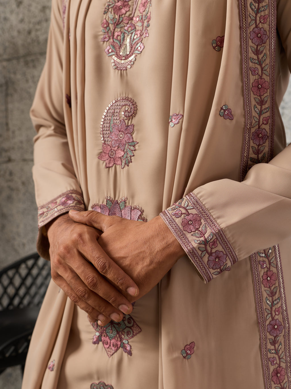 Royal Beige Japanese Lachka Festive Kurta Dupatta Set For Men
