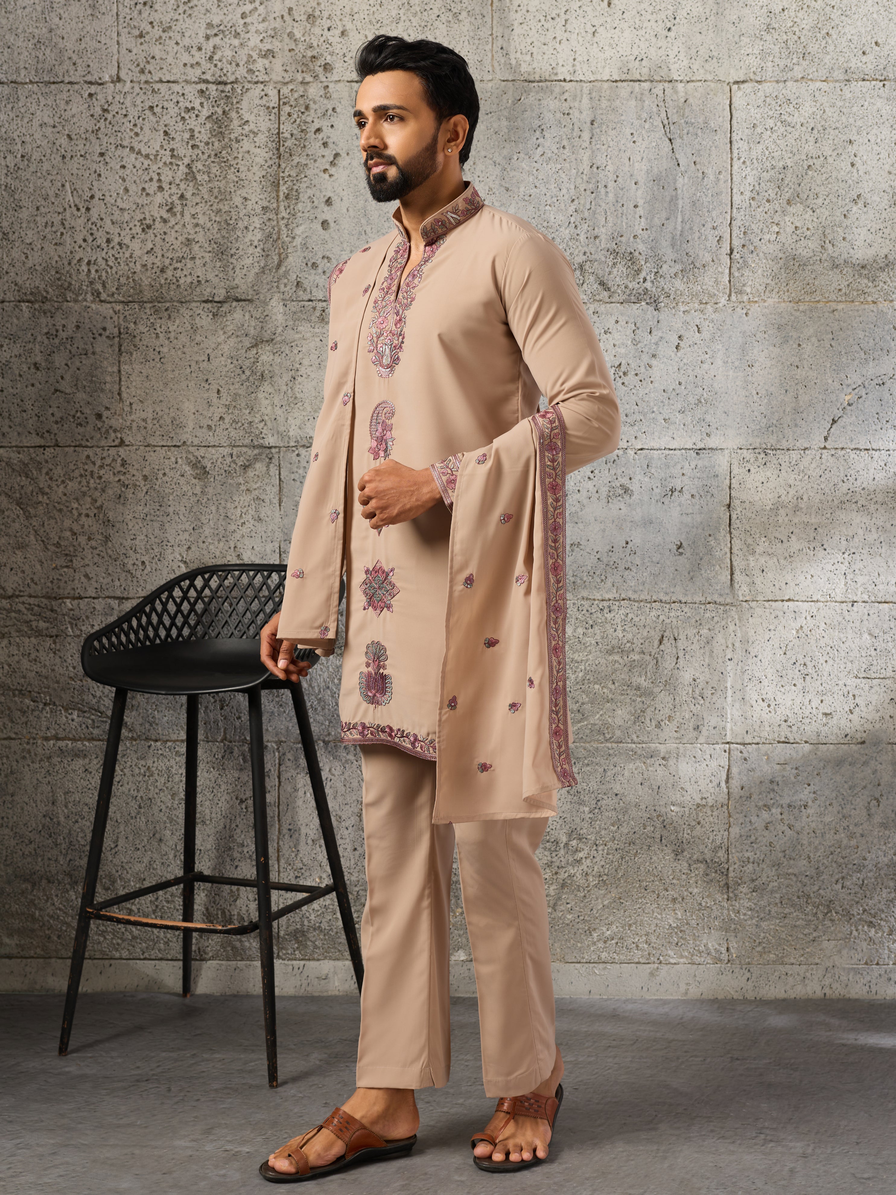 Royal Beige Japanese Lachka Festive Kurta Dupatta Set For Men

