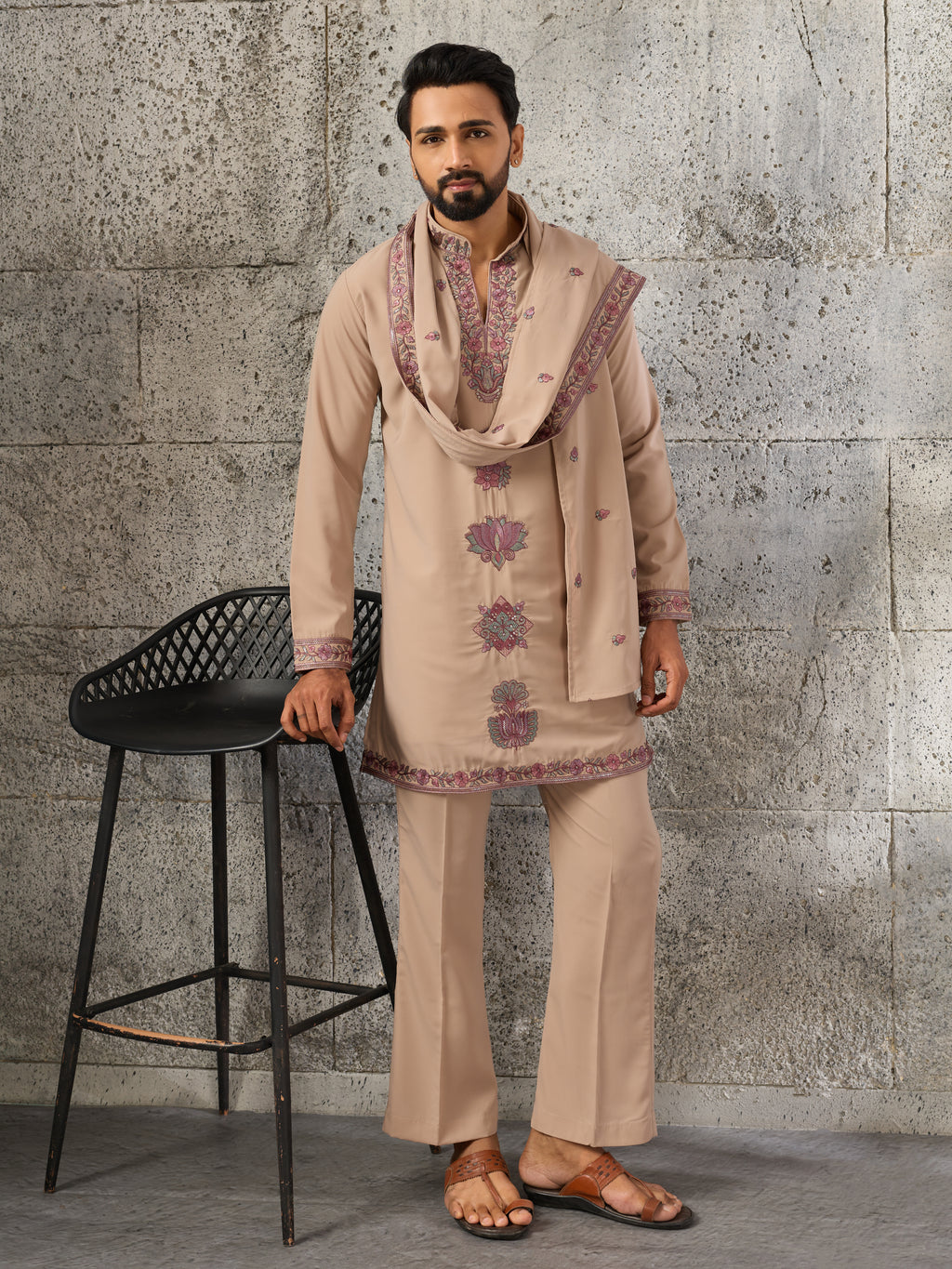 Royal Beige Japanese Lachka Festive Kurta Dupatta Set For Men
