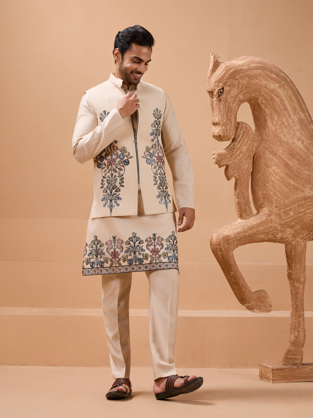 Tendy Beige Wedding Special Koti Kurta Set for Mens Wear Color Koti Kurta Set Pair for Men Collection
