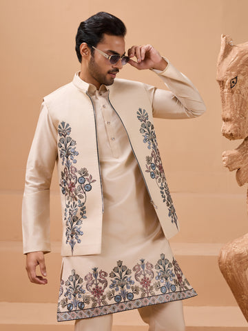 Tendy Beige Wedding Special Koti Kurta Set for Mens Wear Color Koti Kurta Set Pair for Men Collection
