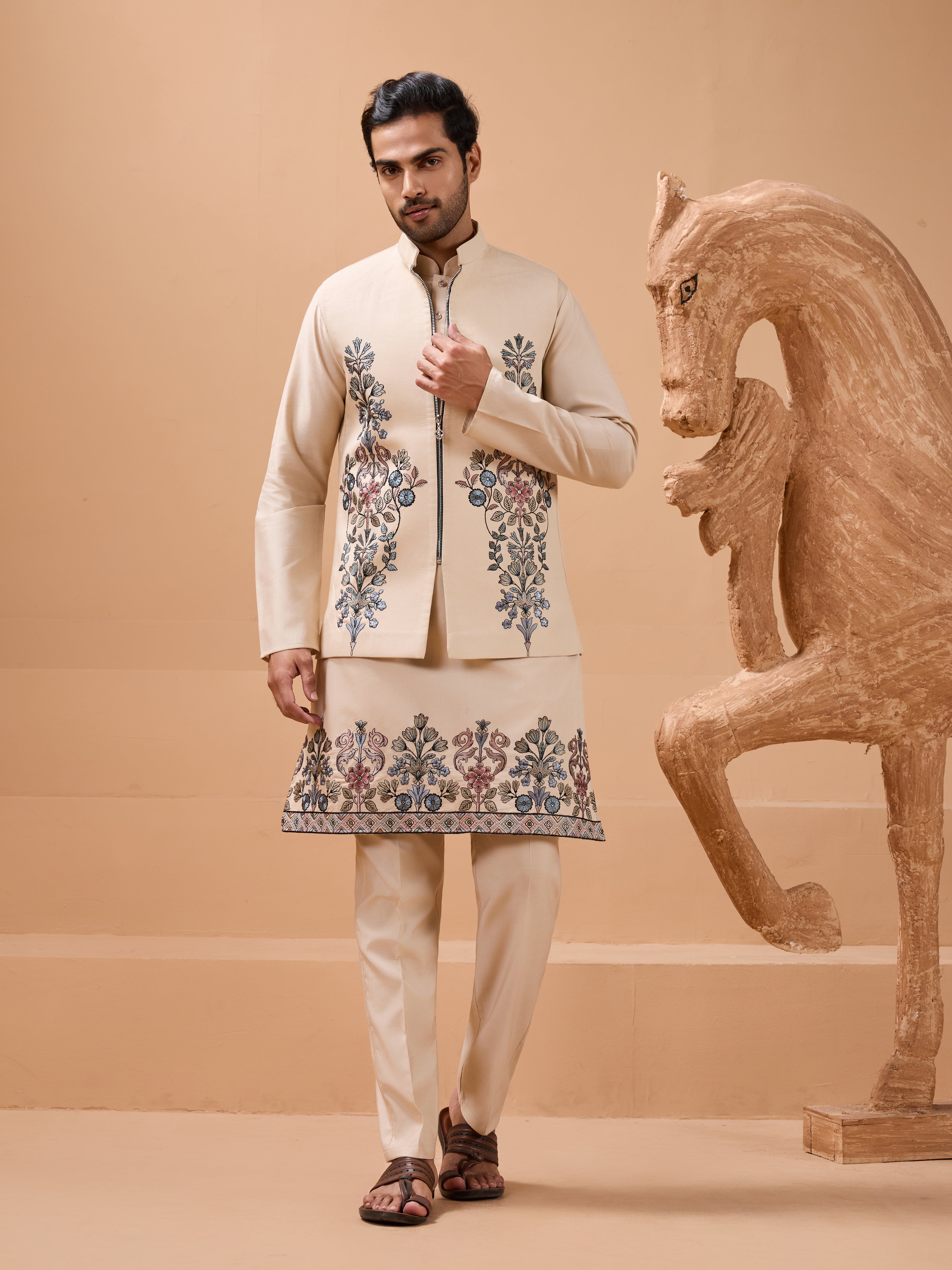 Tendy Beige Wedding Special Koti Kurta Set for Mens Wear Color Koti Kurta Set Pair for Men Collection
