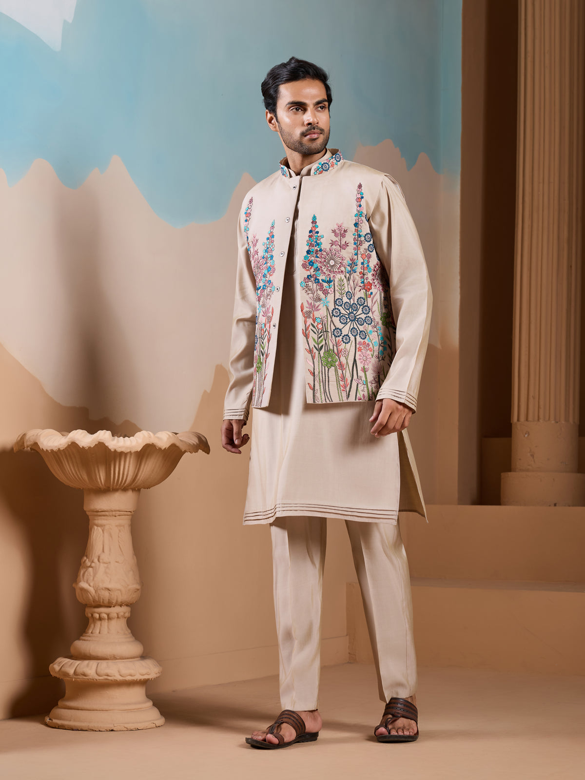 Elegant Fashionable Beige Koti Kurta Set for Mens Wear
