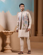 Elegant Fashionable Beige Koti Kurta Set for Mens Wear