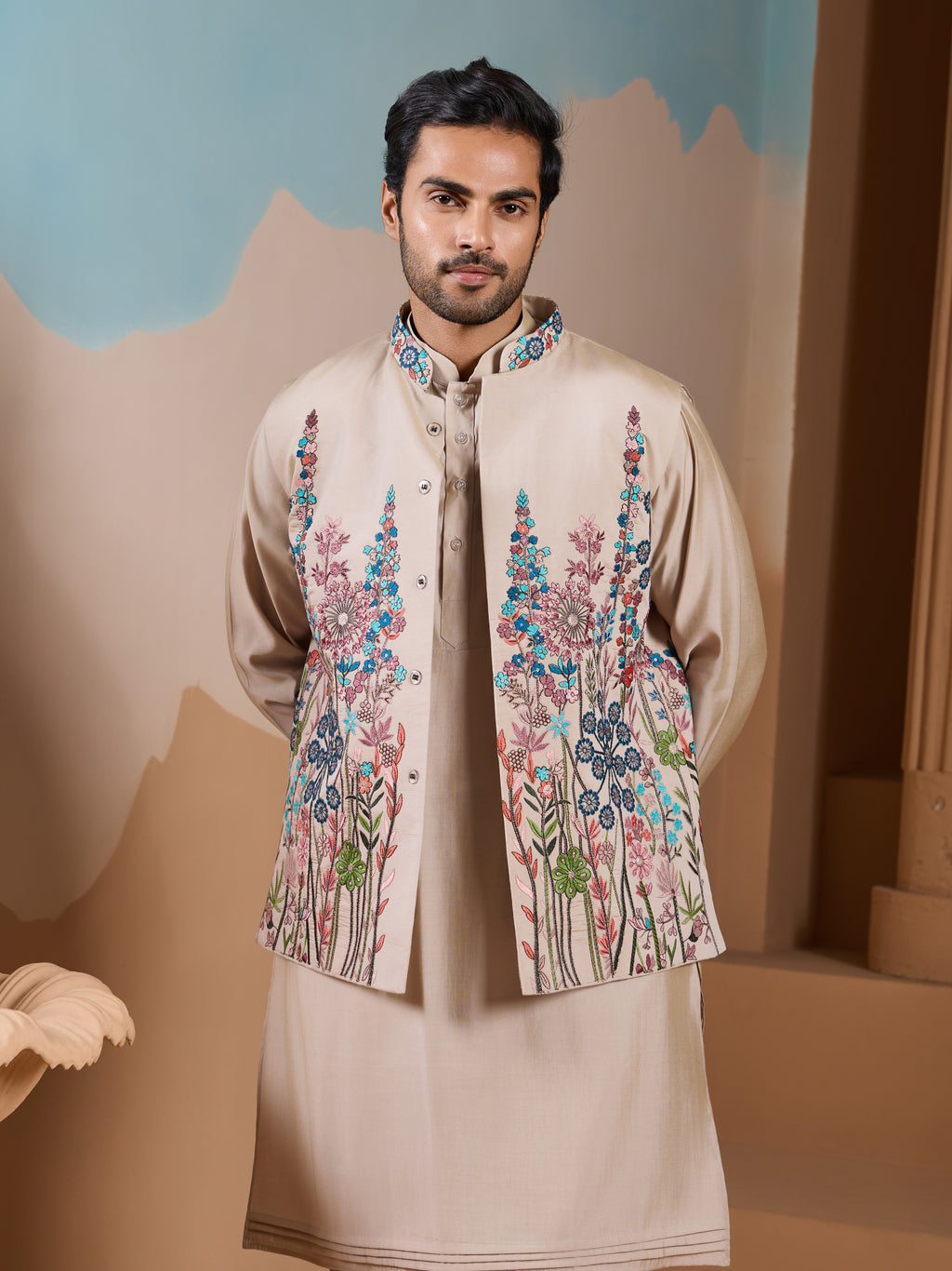 Elegant Fashionable Beige Koti Kurta Set for Mens Wear
