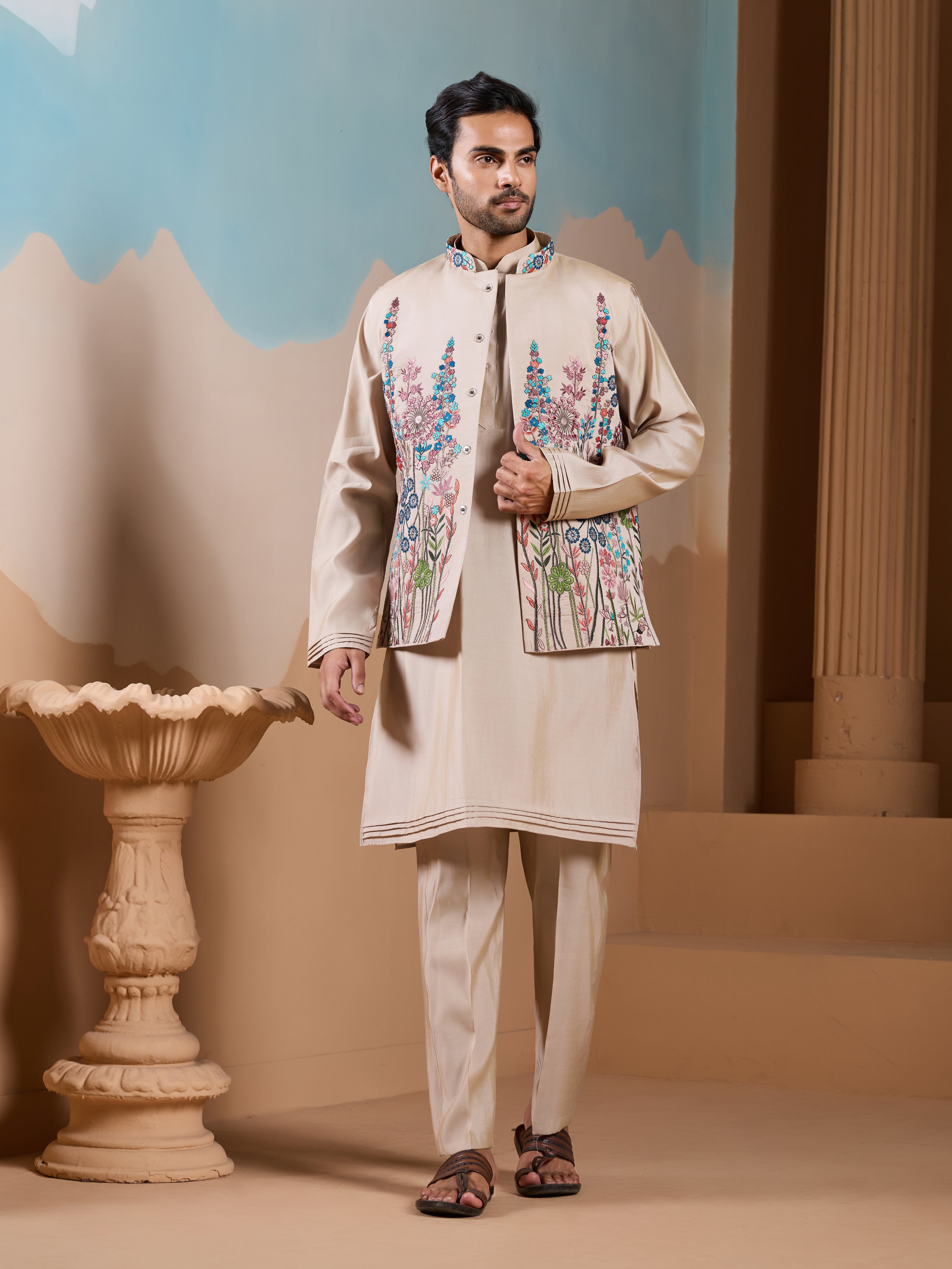 Elegant Fashionable Beige Koti Kurta Set for Mens Wear
