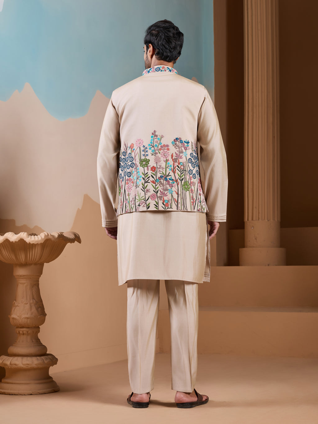 Elegant Fashionable Beige Koti Kurta Set for Mens Wear

